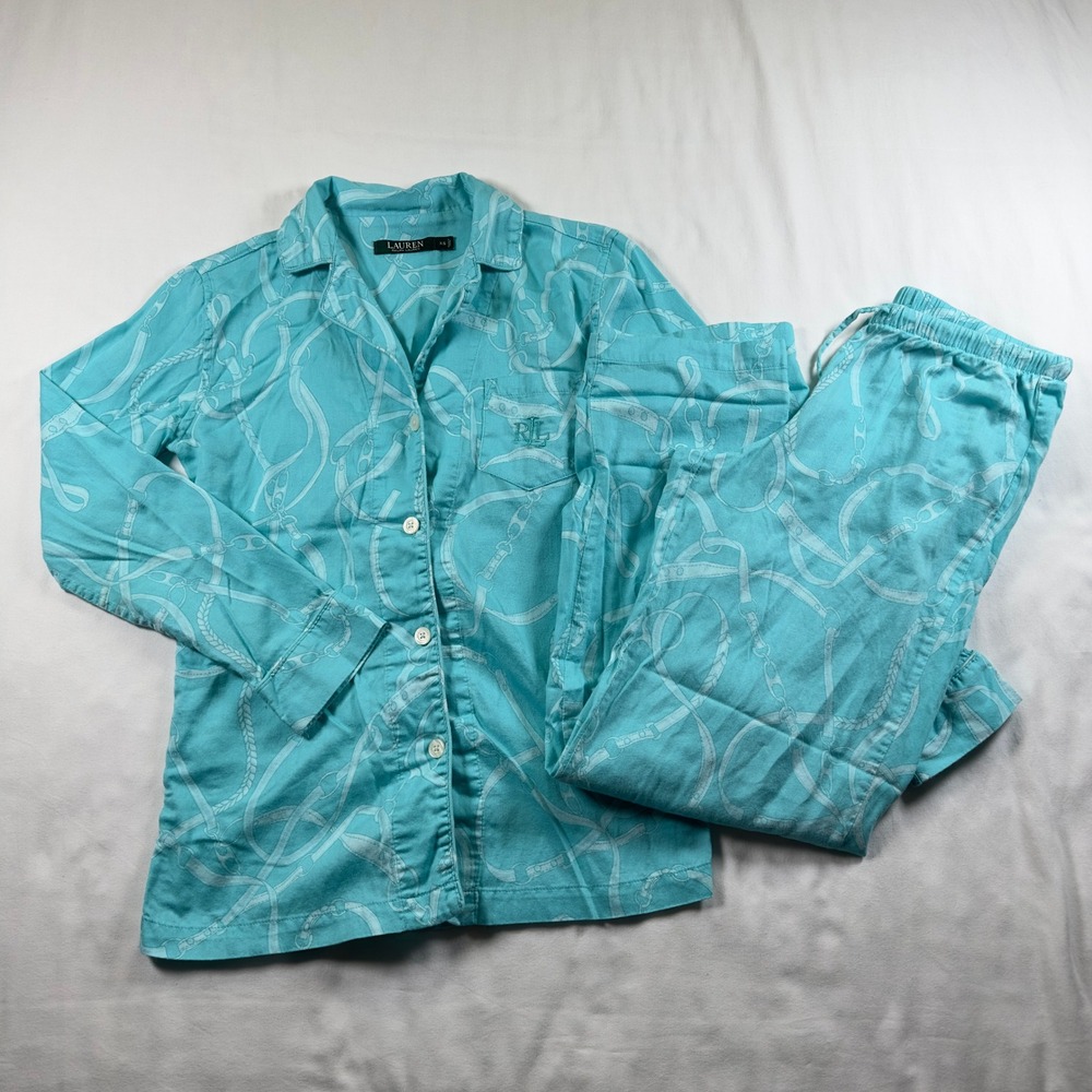 Lauren Ralph Lauren Pajama Set Womens XS Blue Chain Strap Shirt Pants